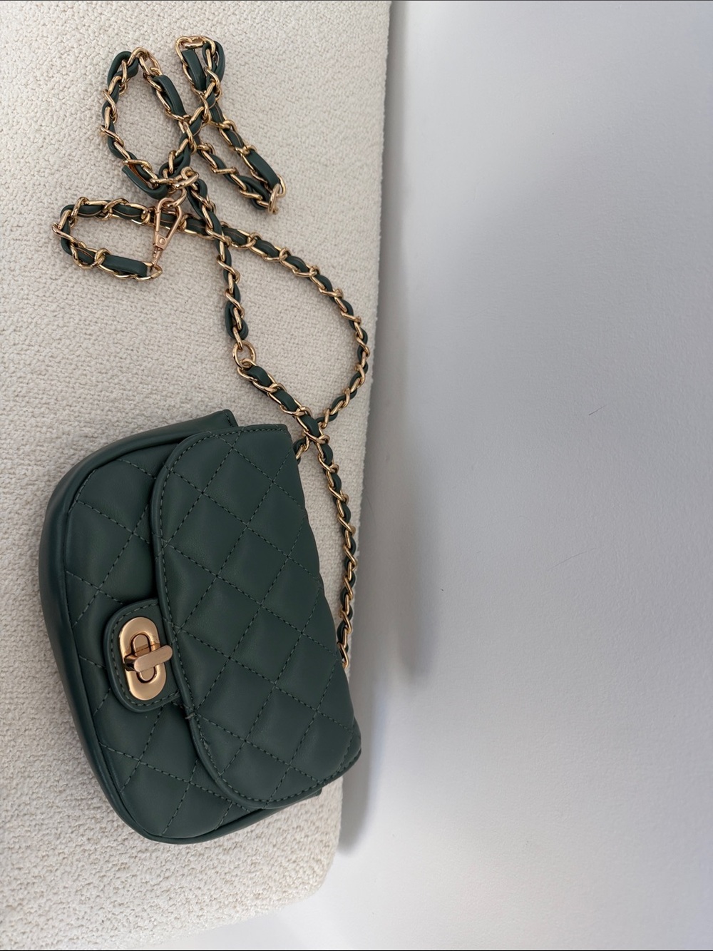 Quilted Dark Green Crossbody Bag with Gold Chain Strap